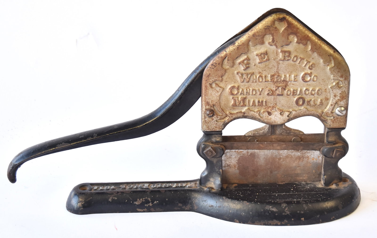 F.E. Botts Advertising Tobacco Cutter: Advertising candy and tobacco. Miami Okla. 12 1/2 x 8 1/2. Good Cond.