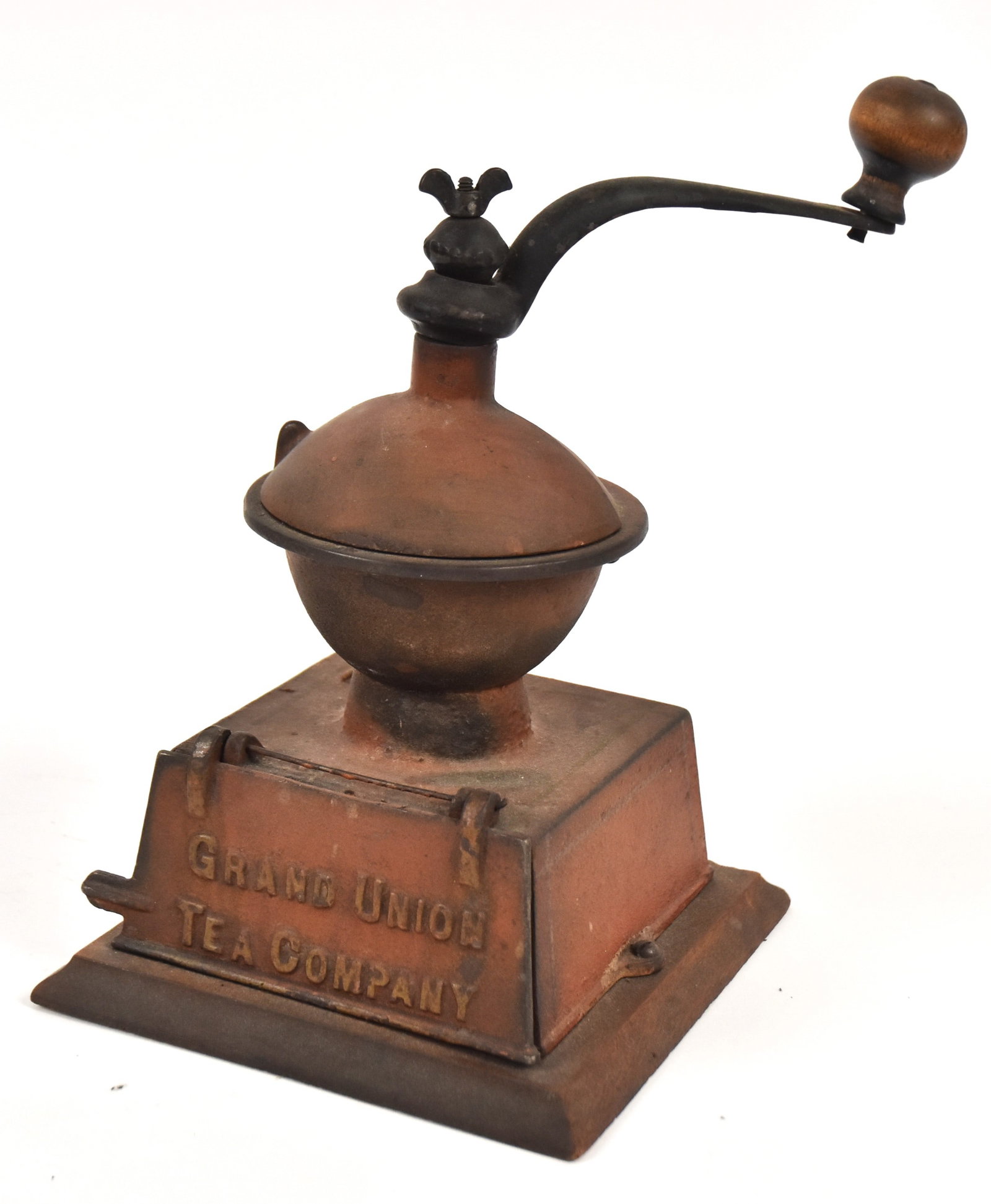 Grand Union Tea Company Coffee Grinder: Original red paint , Good condition. 10 " H x 6 1/2" W.
