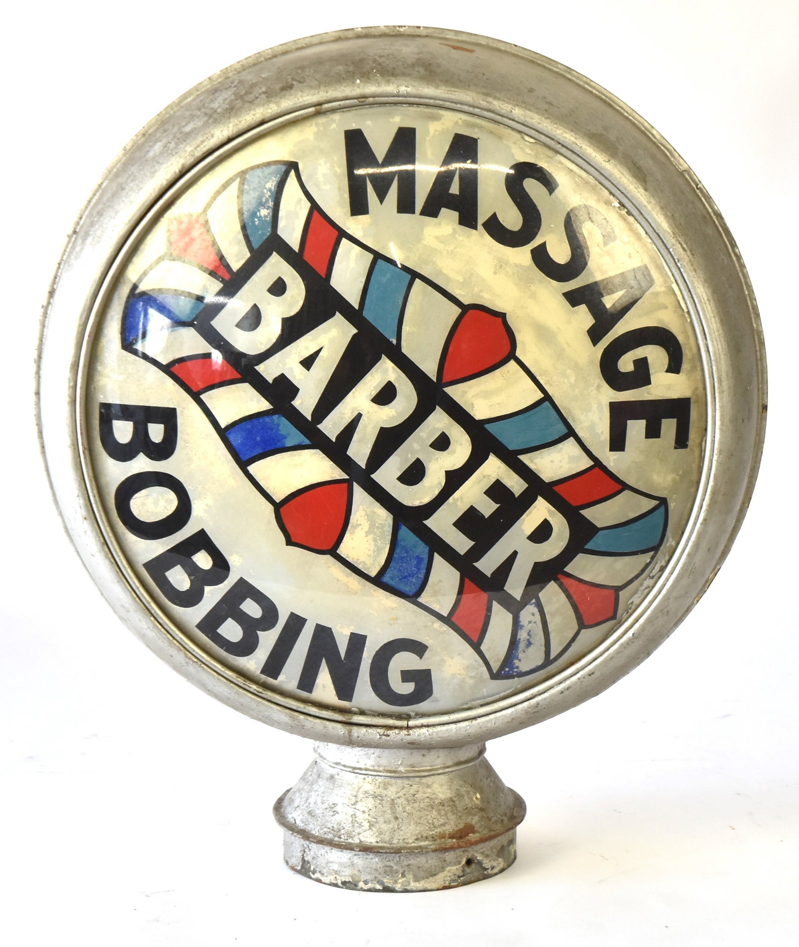 Scarce Massage Barber Bobbing Globe: Double sided. Glass panels with metal frame. Circa 1920. 21H, 18 " dia. Some wear to white paint.