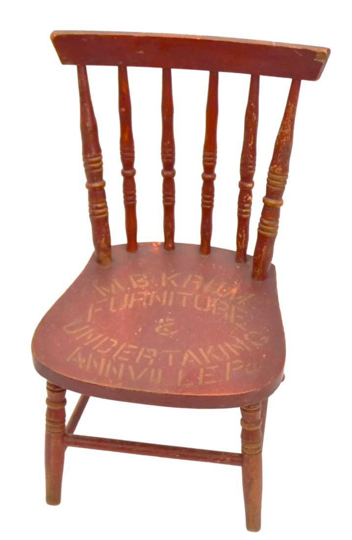 Annville PA Advertising Child's Chair: With original red paint. M.B. Krum furniture and undertaking. 17 1/2 x 10.