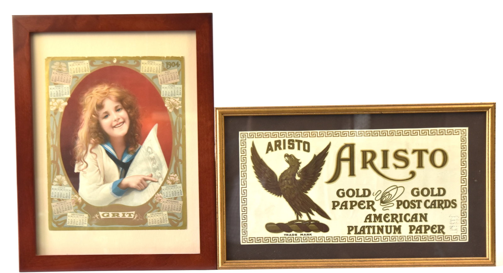 Aristo Paper Postcard Sign & 1904 Grit Calendar: 19 1/2 x 11 1/2 & 18 x 14" frames.