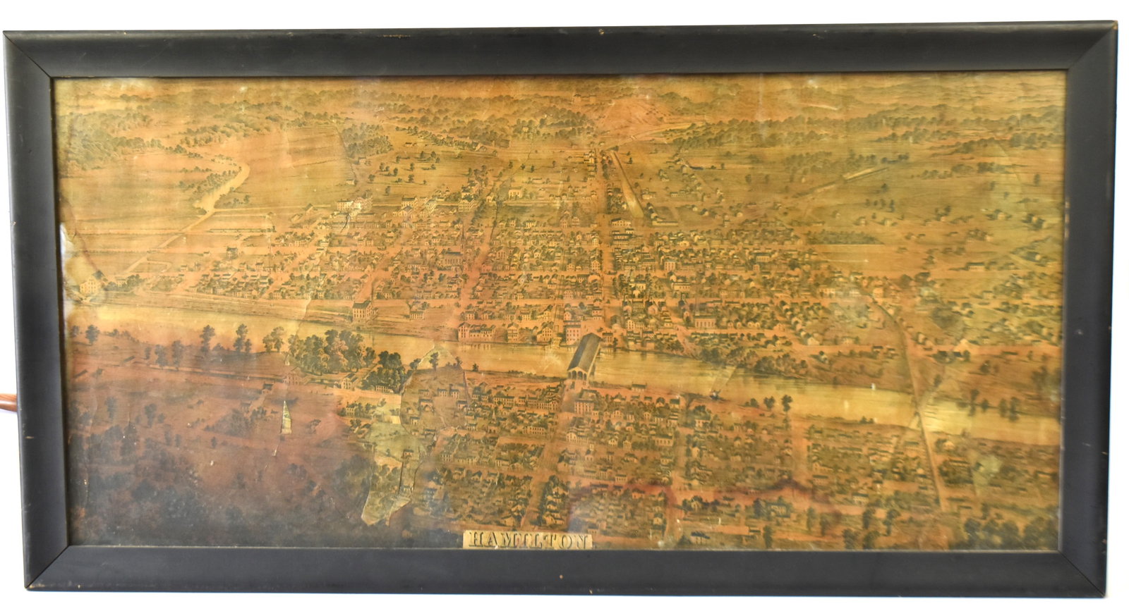 1855 Hamilton Ohio Lithograph in Frame: Poor condition. 34 x 18