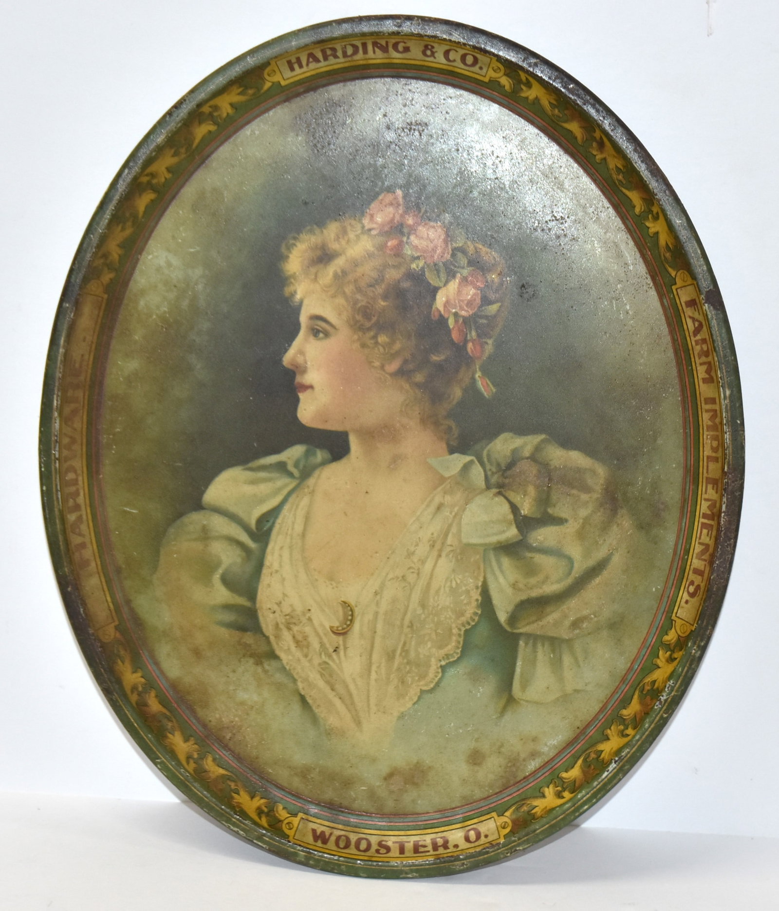 Early Harding & Co. Farm Implements Tray: Circa 1890. Tray with victorian lady which reads - Harding & Co Hardware, Farm implements, Wooster, O. Fair condition. 16 x 13".