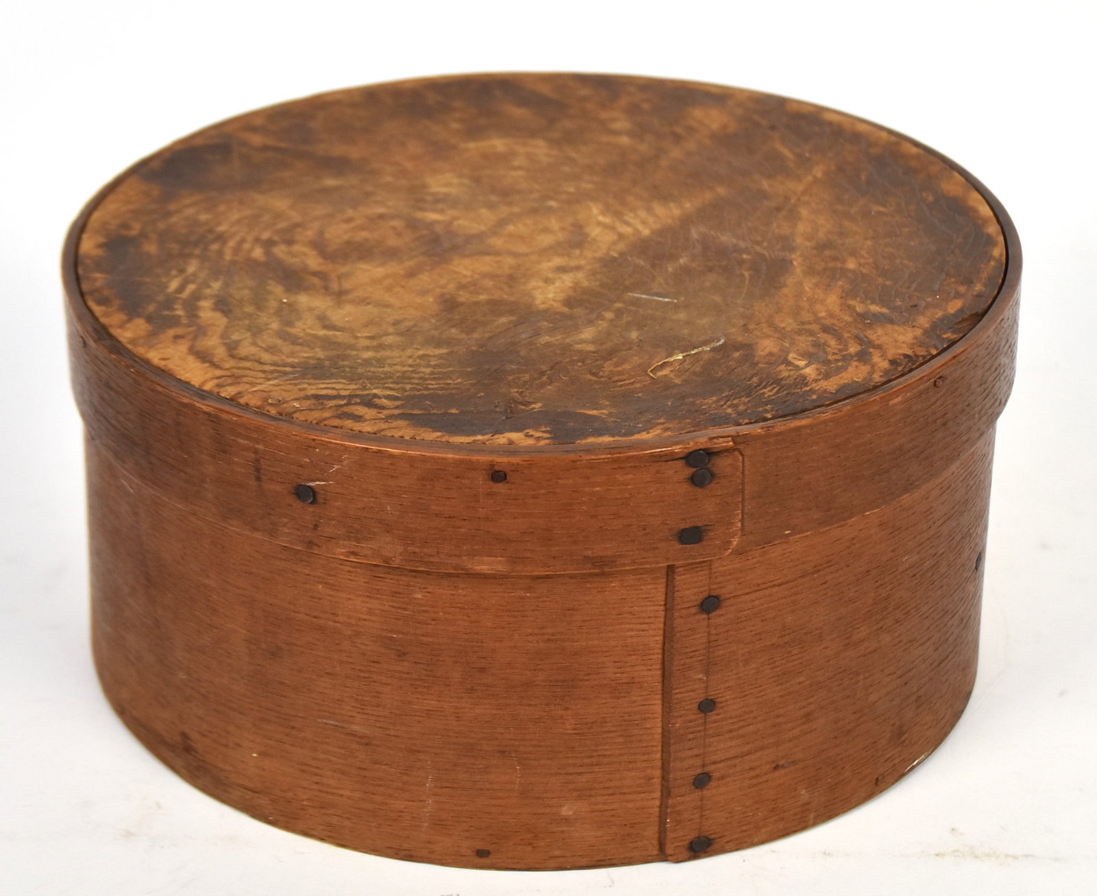 Bent Hickory Pantry Box: With spruce top and base in original natural finish, lap construction with iron brads, nice old patina, 8.75" diameter x 4" high. Condition Fine.