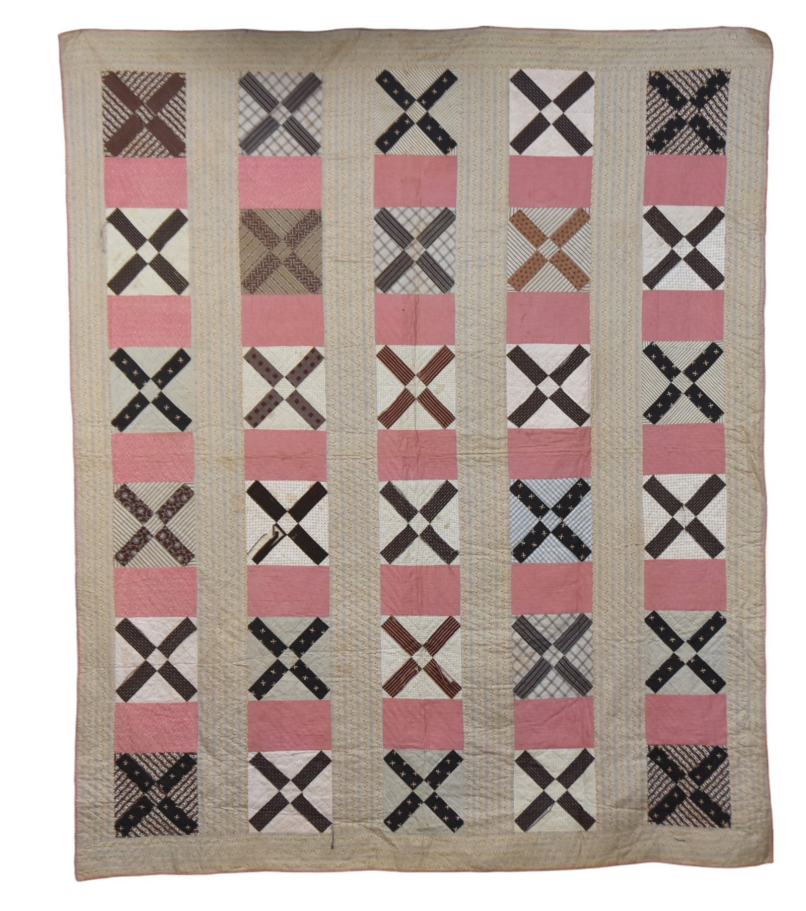 Early Pieced Quilt: Circa 1890 with five columns of six blocks with X pattern in various calico prints and other printed fabrics, with 4.5" wide border, hand quilted, 77 x 93". Condition one of the fabrics used in X bars