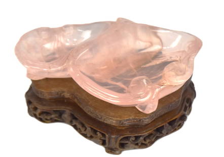 Chinese Rose Quartz Brush Washer: Carved in the form of two cupped lotus leaves with stems, 4 1/4 x 2 1/2 x 1 1/4" high mounted on original carved teak stand, 1" high. Condition Fine.