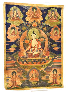 Tibetan Thangka Scroll: Polychrome painted on silk with large central seated Buddha with naga hood behind, left arm raised and right extended down and out, with lotus flowers at shoulders, surrounded by eight smaller Buddha'