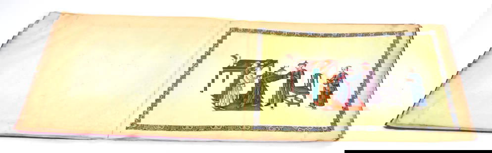 Chinese Hand Painted Silk Book: Horizontal to size, Qing Dynasty with 12 pages cut out silk applied to rice paper showing the progress of a noble from before his birth to his death in twelve panels, bound in red silk covered card