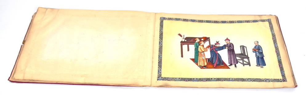 Chinese Hand Painted Silk Book: Horizontal to size, Qing Dynasty with 12 pages cut out silk applied to rice paper showing the progress of a noble from before his birth to his death in twelve panels, bound in red silk covered card st