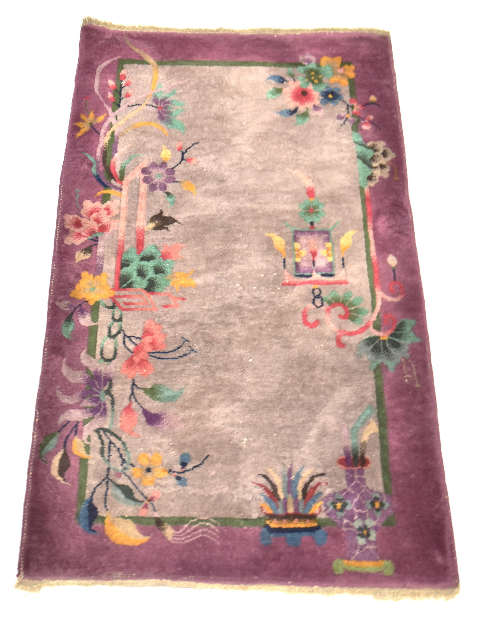 Chinese Oriental Art Deco Rug: Hand woven circa 1910-30 with gray ground with polychrome flowers and lantern, purple border, 34 x 58". Condition very slight wear, VG.