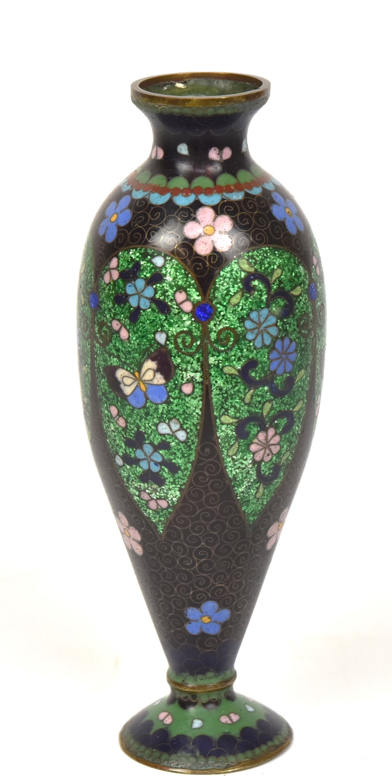 Japanese Meiji Cloisonne Vase with Mica: With butterflies and flowers, baluster form, on brass, 2 1/4 x 7 1/2" high. Condition VG+.