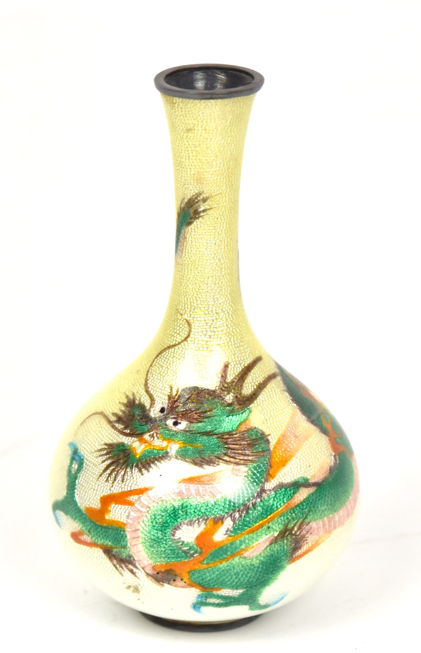 Sterling Japanese Meiji Cloisonne Enamel Vase: Gourd form with pale yellow ground and polychrome three toe dragon, marked on base, 2 1/2" diameter x 4 12" high. Condition 1 ¾ x 1 1/2" patch on reverse with enamel loss.
