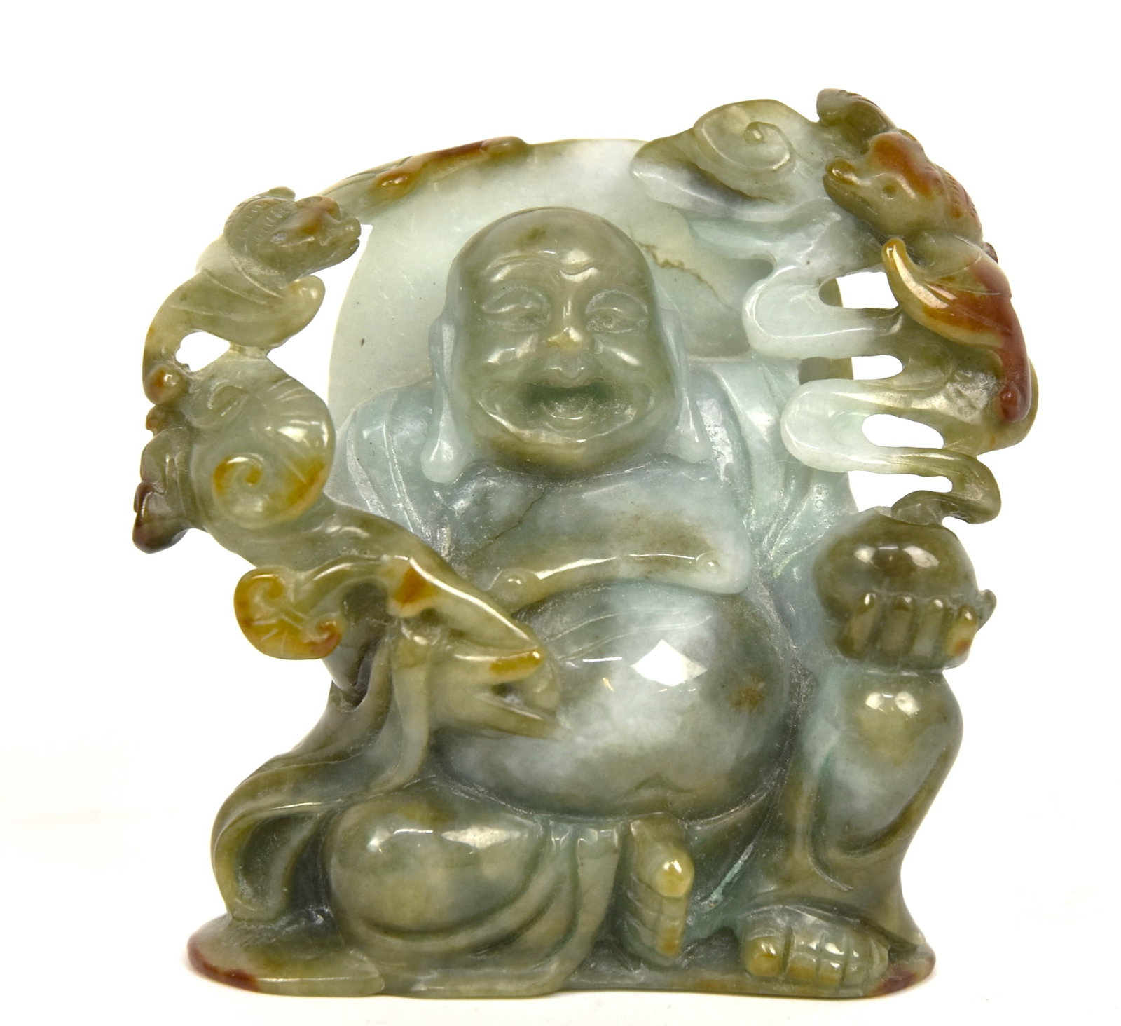 Chinese Jade Buddha: Laughing Buddha in mottled green and brown jade, with bats in flight at shoulders, 3 x 1 x 2 34" high. Condition Fine.