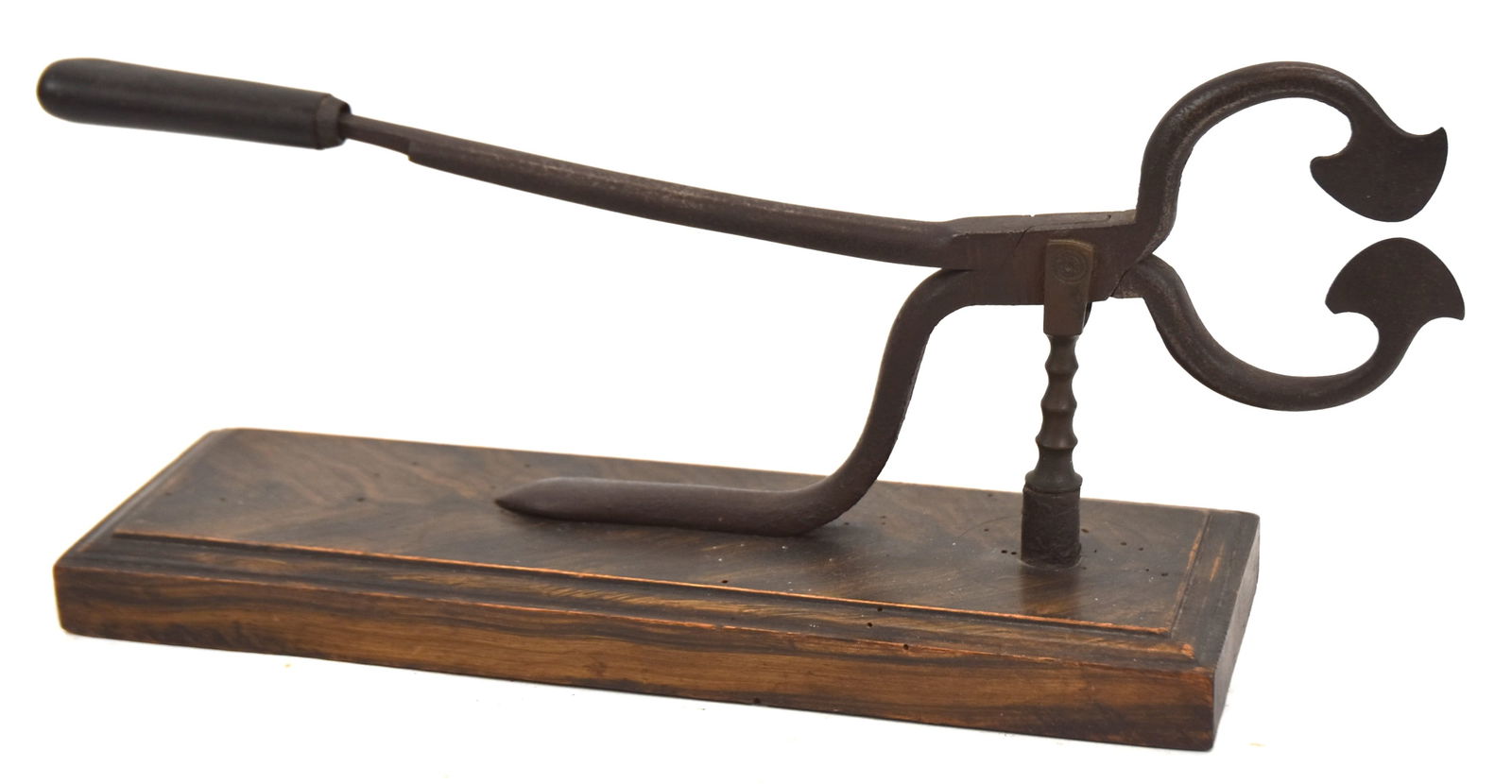 Rare Form, Wrought Iron Sugar Nippers on Base: Wrought iron with brass post on grain painted base. 6 1/2" H x 14" Long. Good condition.