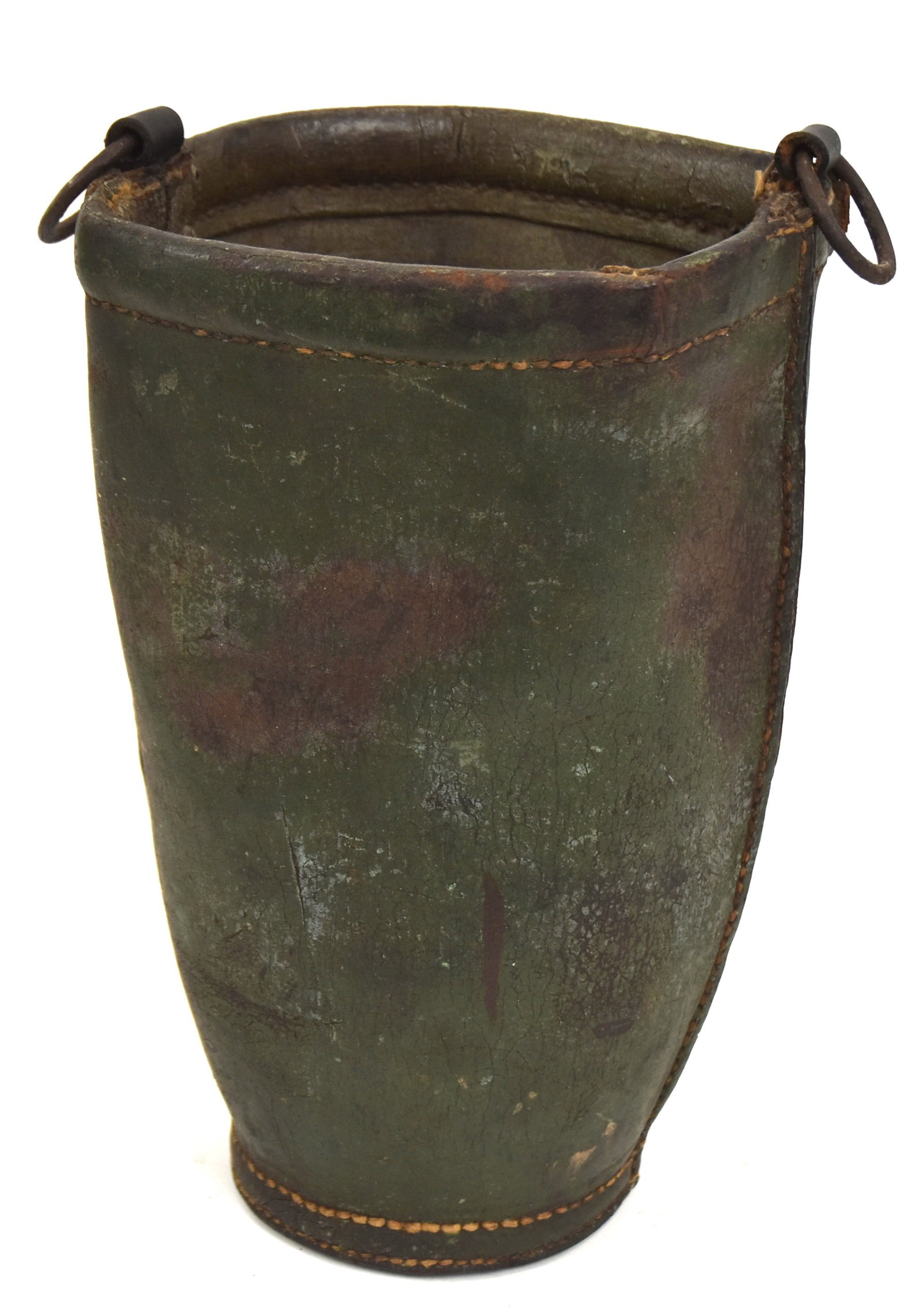 Early Leather Fire Bucket: With old green paint. 13" H. Lacking handle; otherwise good condition.