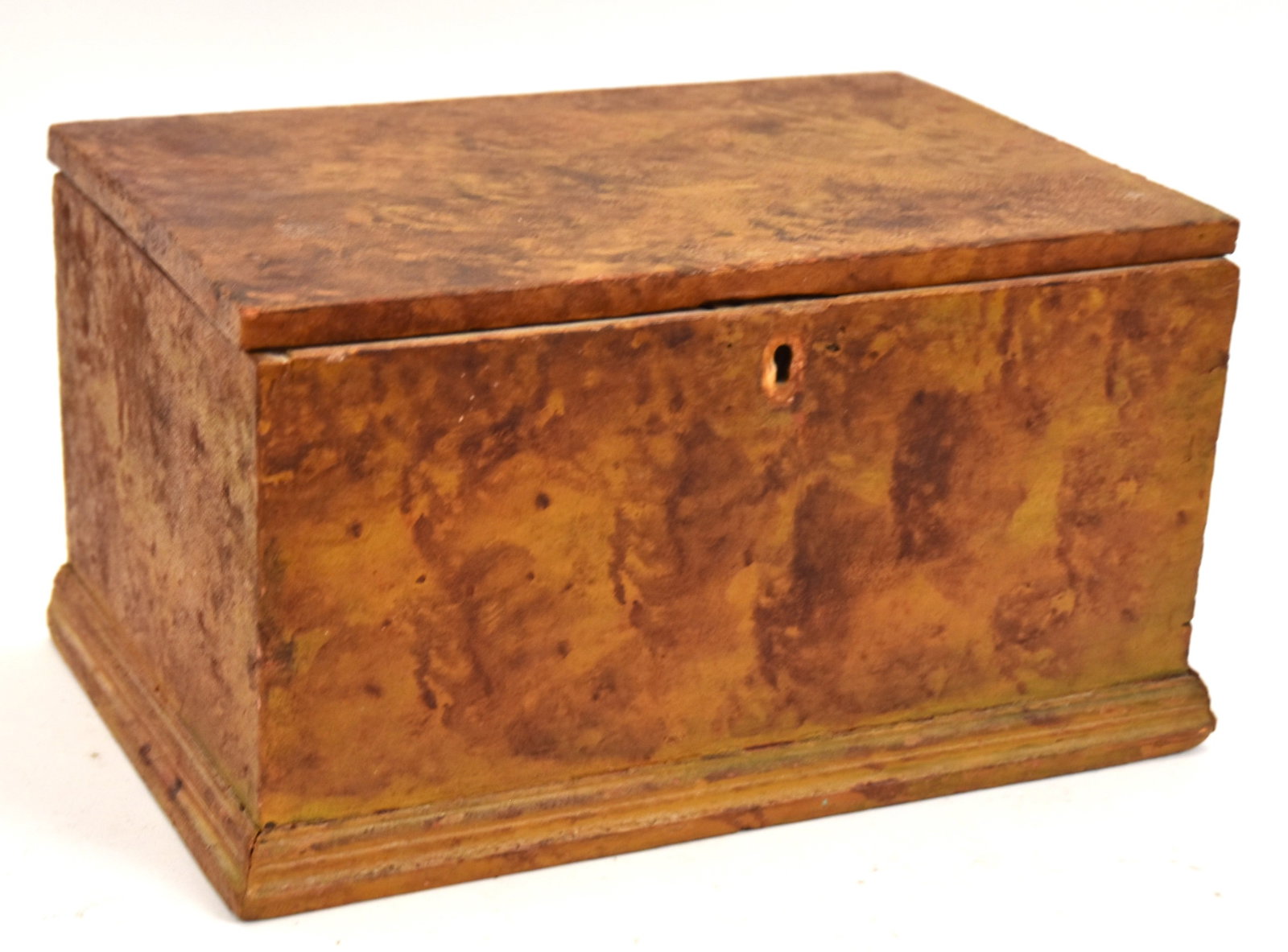 Early Dovetailed Paint Decorated Box: Circa 1840. Lidded box with divider inside, all painted with old mustard paint and brown block decoration. 5" H x 12" W x 8" D. Good condition.