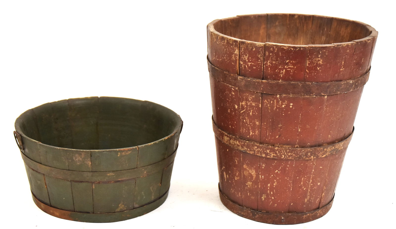 Early Wooden Tub and Bucket With Old Paint: First a great small tub with metal handles and old green paint. 4 1/2" H x 9 Dia. Second double ended bucket with old red paint. 10 1/2" H x 9" Dia. Both in good condition.