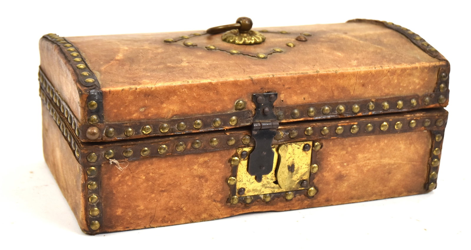 Early Tacked and Leather Document Box: With hart and diamond tacked designs on top. 6" H x 12" W x 8" D. Good condition.