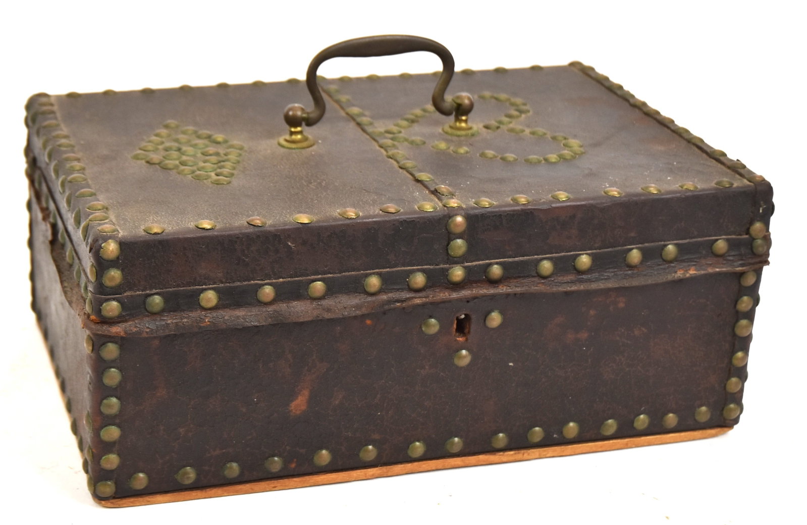 Early Leather and Tacked Document Box: With tacked heart decoration on top. 5"h. x 12"w. x 8". Good condition.