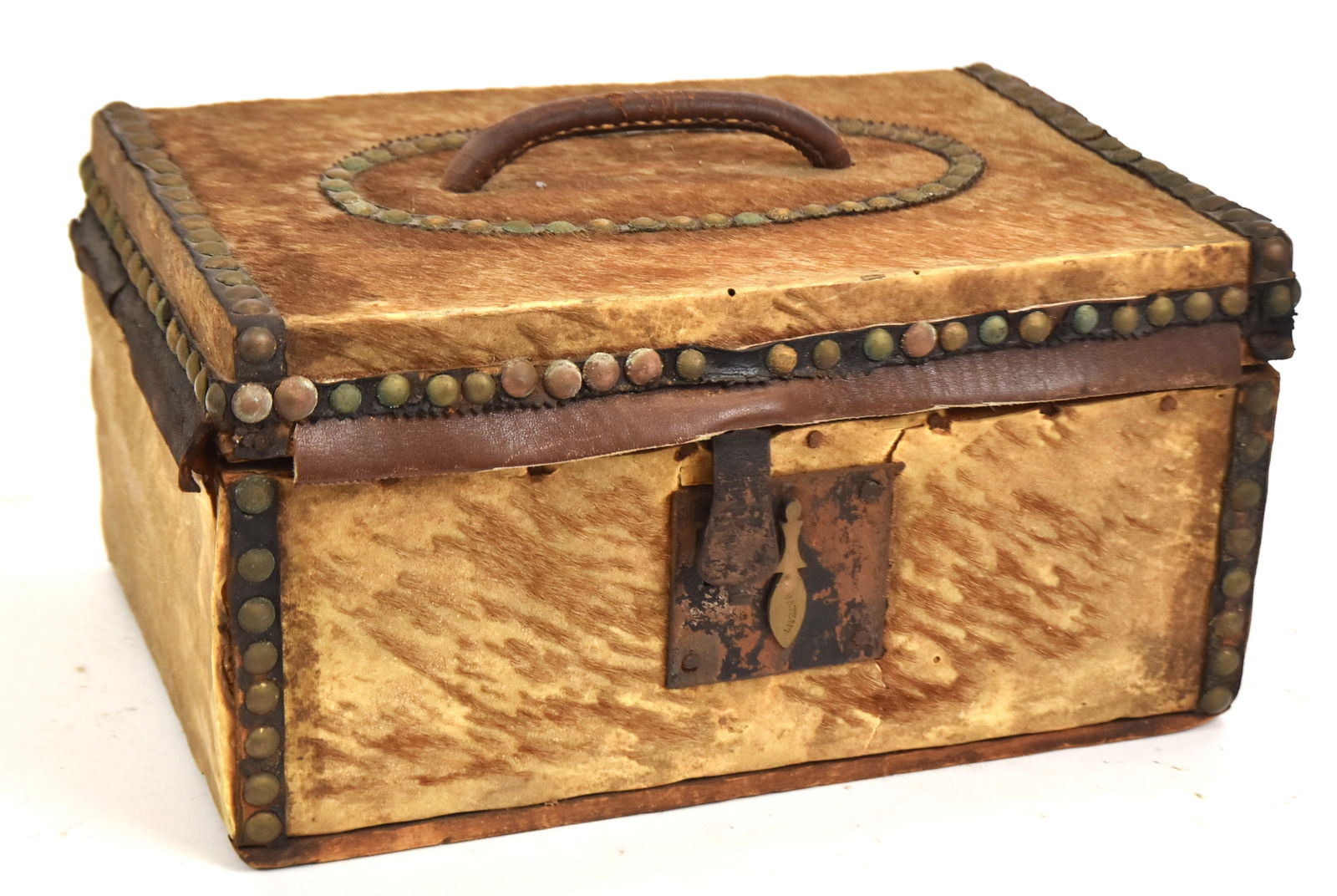Early Cowhide and Tacked Document Box: Lift lid which reads inside, "Nathan Neat, Saddle Cap and Trunk Maker, Boston." 6" H x 12" W x 8" D. Cowhide split to one side; otherwise good condition.