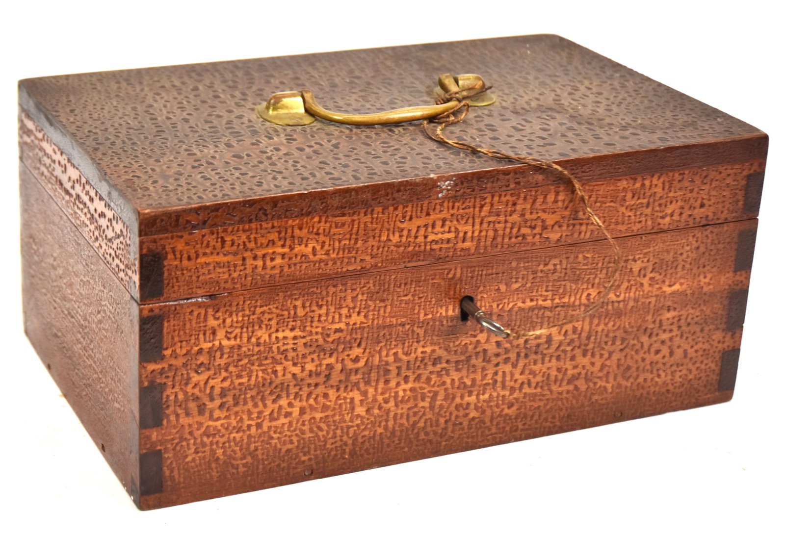 Early Walnut Dovetailed Document Box: Circa 1840, with brass handle. Great old alligator finish and patina. Has key. 5 1/2" H x 12" W x 8" D. Good condition.