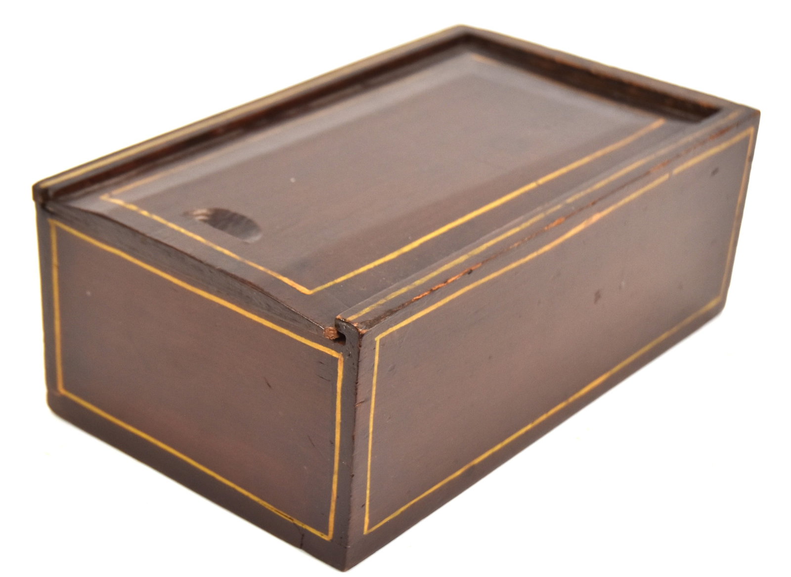Early Sliding Lid Candle Box With Old Paint: In old brown paint with yellow painted line decoration. 4" H x 11" W x 6 3/4" D. Good condition.