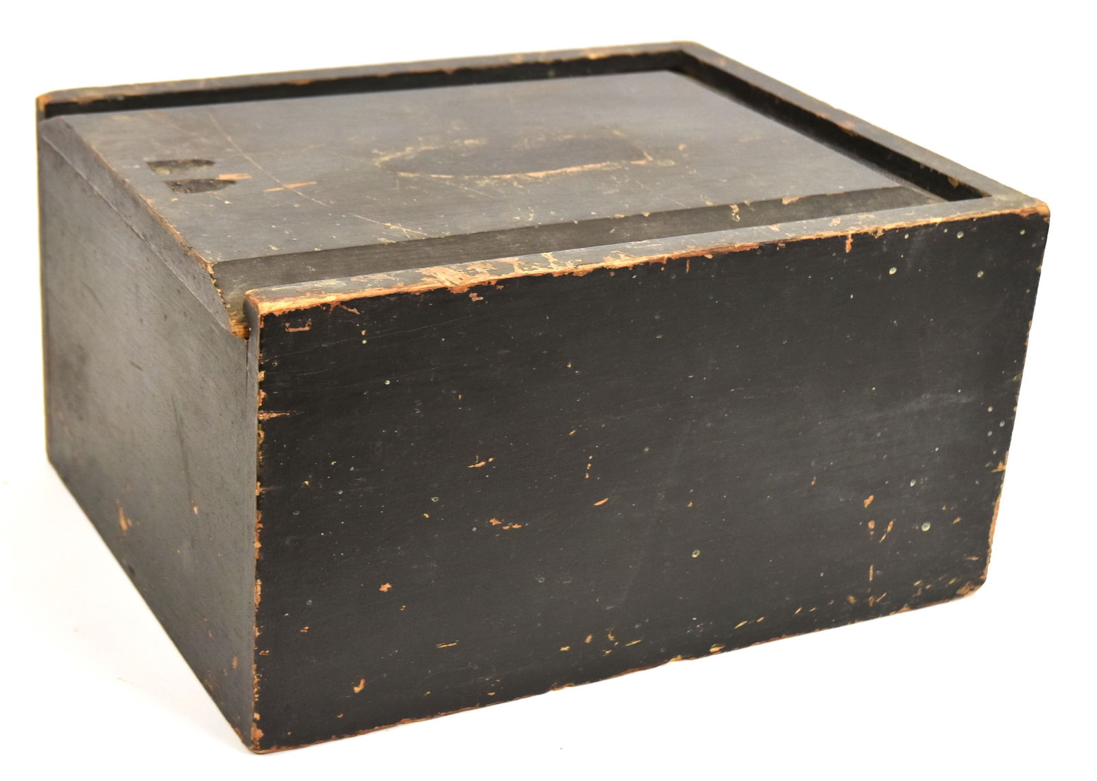 Early Candle Box In Old Green Paint: Sliding chamfered lid with finger notches, all in a dark green paint. 8" H x 15" W x 12" D. Good condition.