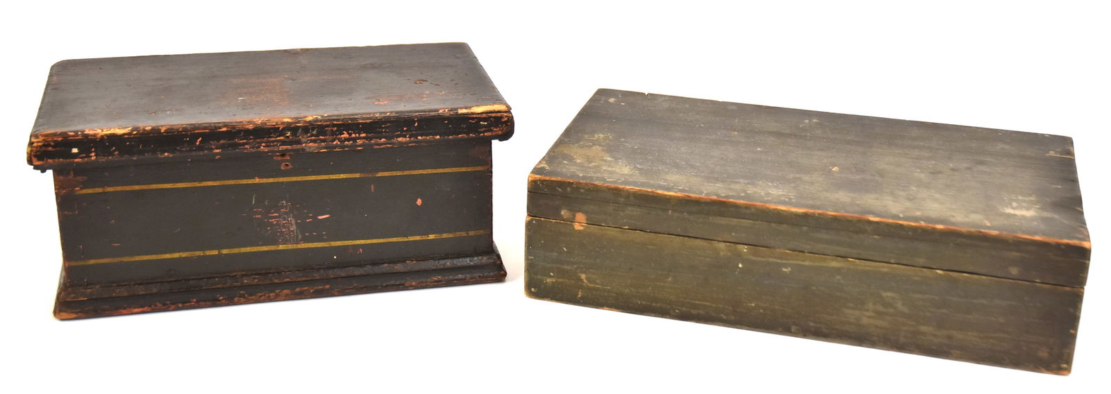 Two Early Wooden Boxes With Old Paint: First circa 1840 with 1847 newspaper inside and dark green paint. 3 1/2" H x 13 3/4" W x 7 1/2" D. Second all dovetailed with strap hinges and old black paint with yellow line decoration. Circa 1835.
