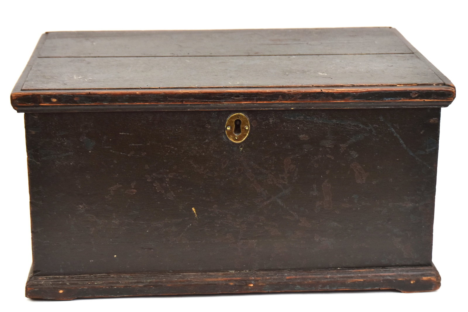 Early Dovetailed Storage Chest: Circa 1820 with strap hinges with old green apint over blue paint. 8 1/2" H x 16 1/2" W x 10 12/" D. Some wear to paint; otherwise good condition.