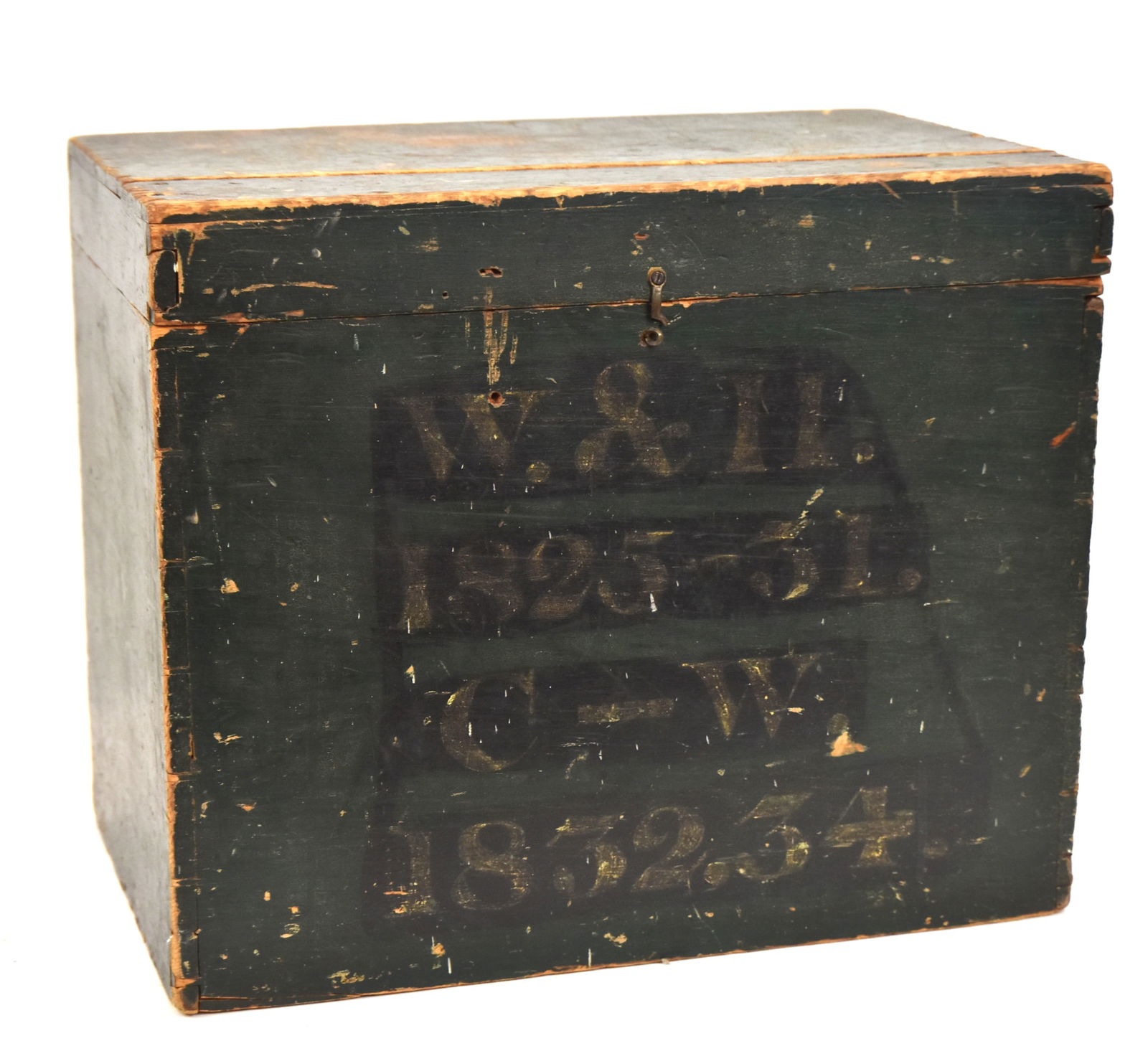 Early Dovetailed Storage Box With Old Green Paint: Painted "W & H" on front. 13"H x 16" W x 10" D. Good condition.