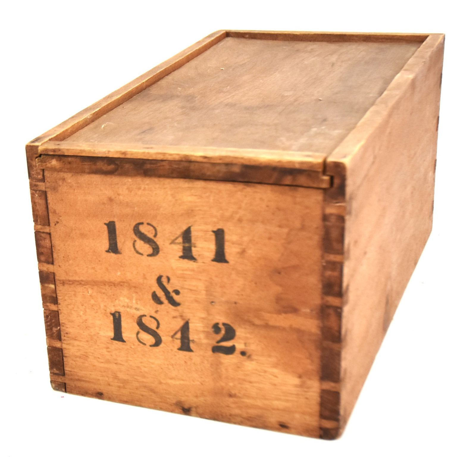 Early Dovetailed Sliding Lid Box: Dated 1841 and 1842, sliding lid storage box. 9" H x 18" W x 10" D. Good condition.
