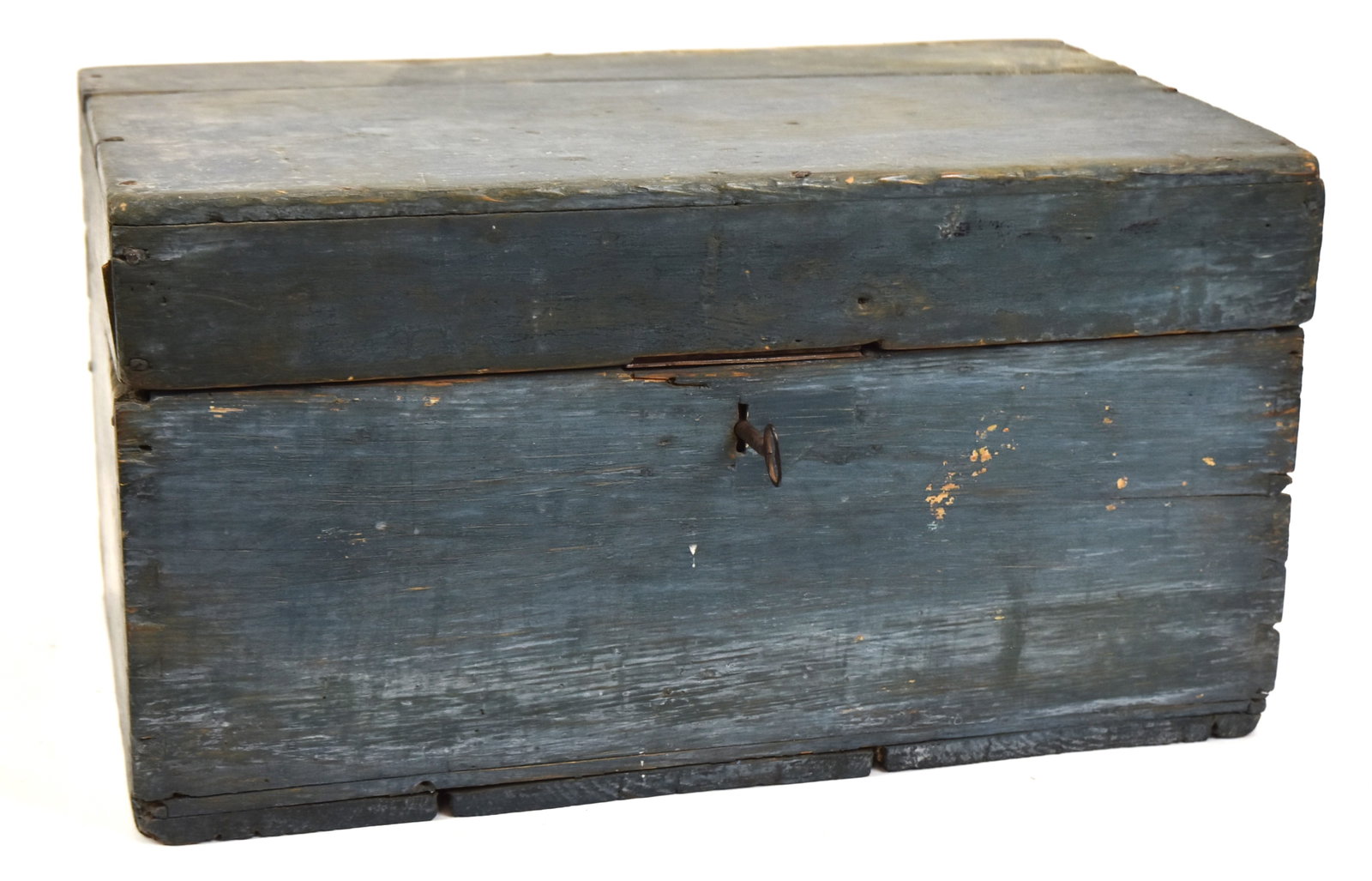 Early Dovetailed Chest with Old Blue Paint: Circa 1835 with lift lid revealing till inside, lock and key chest with old blue paint. 10 1/2" H x 19 3/4" W x 11 1/4" D. Cract to top and slight back corner repair at top; otherwise good condition.