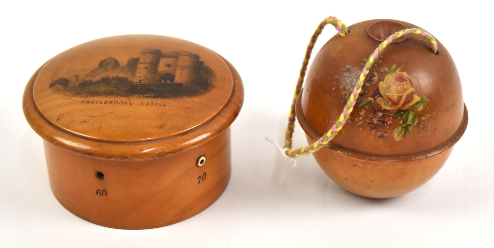John Clark Spool Box Plus J.P. Coats Holder: First John Clark spool Mauchline ware box with original label, 2 1/4" H x 4 1/4" W. Second, a wooden J.P. Coats string holder, 3 1/4" H x 3" Dia. Both in good condition.