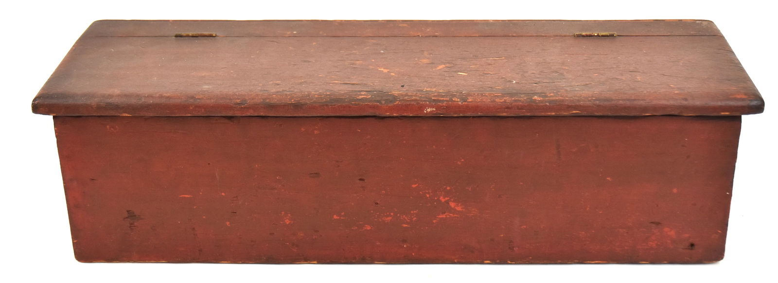 Early Divided Box With Old Red Paint: Circa 1840 with lift revealing a divider. 5 1/2" H x 20" W x 6 1/4" D. Good condition.