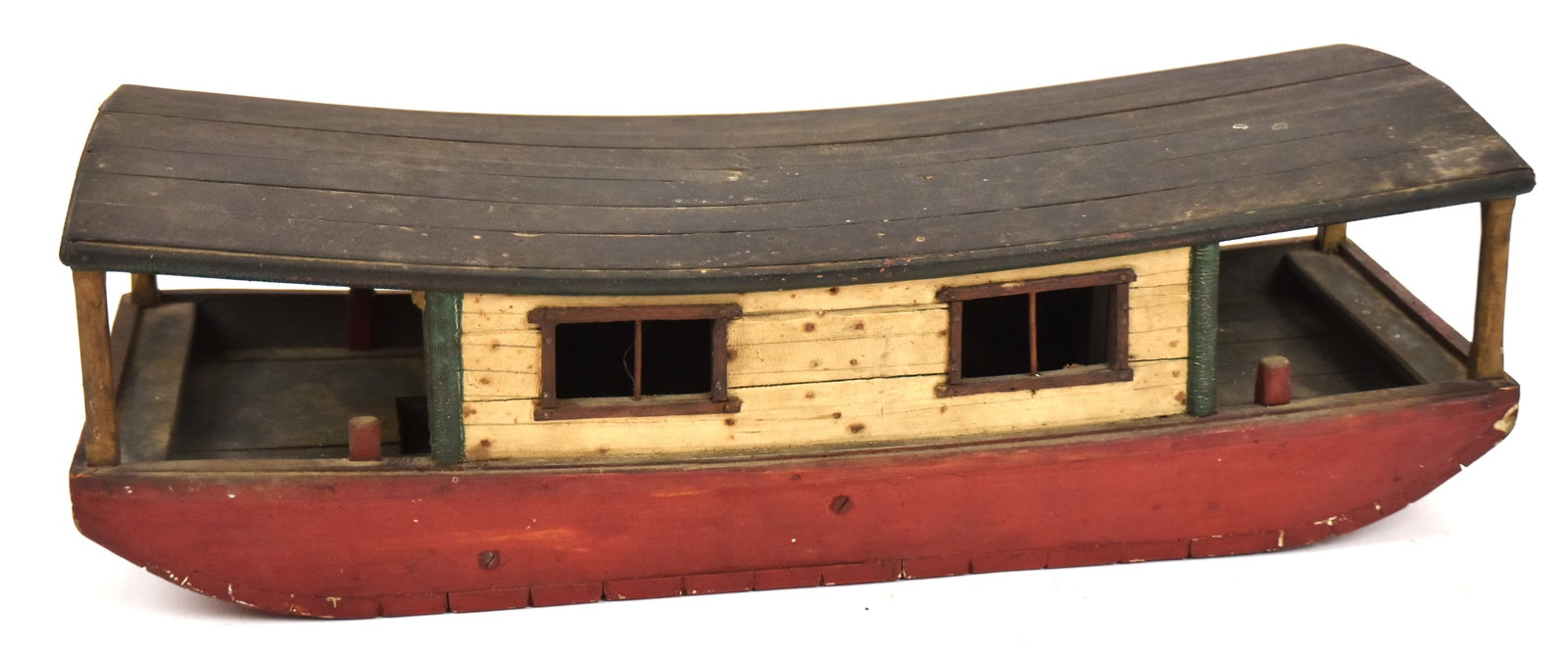 Early Wooden Folk Art Canal Boat: With old black, white and red paint and cabin doors. 5" H x 17" W x 6 12" D. Good condition.
