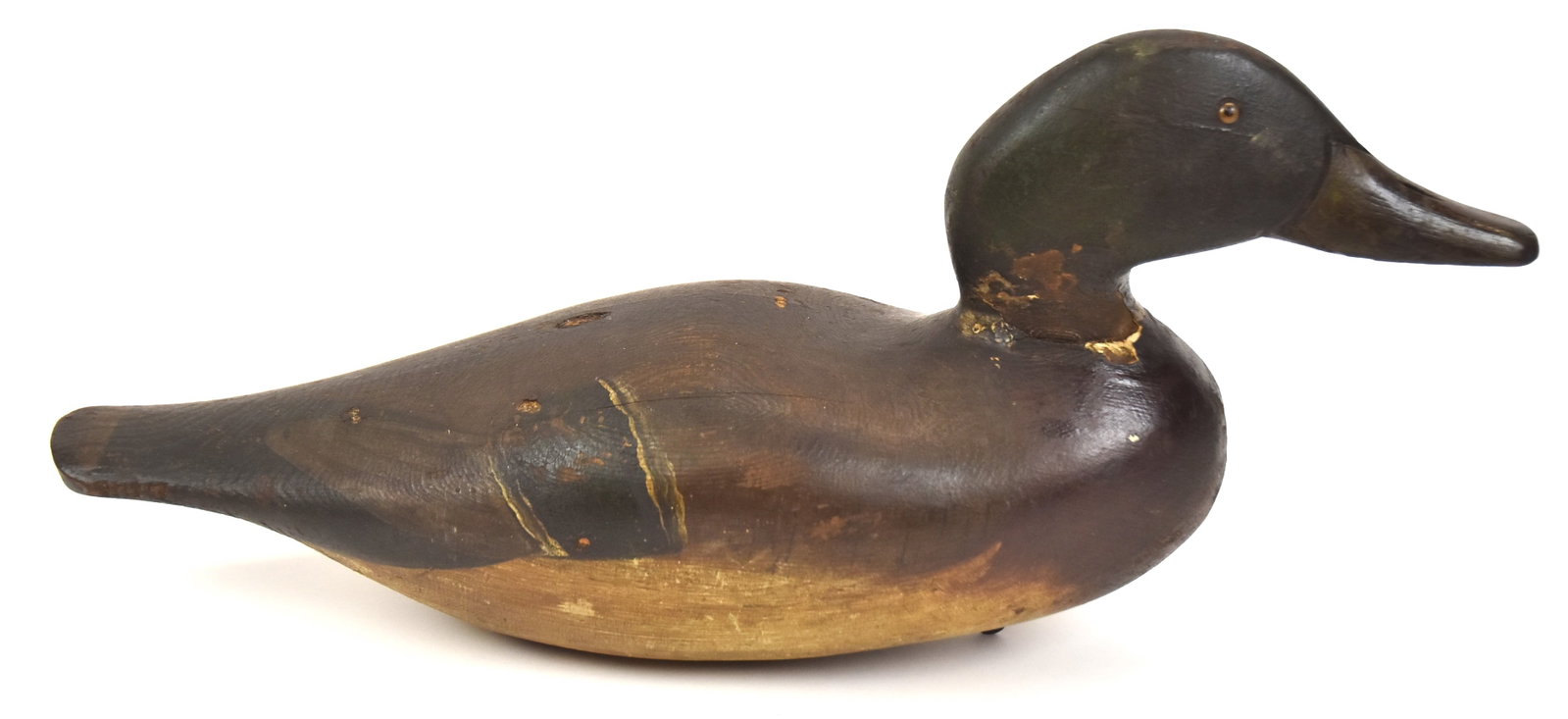 Male Mallard Wooden Duck Decoy: With original paint. 8" H x 17 1/4" Long x 5 1/4" D. Good condition.