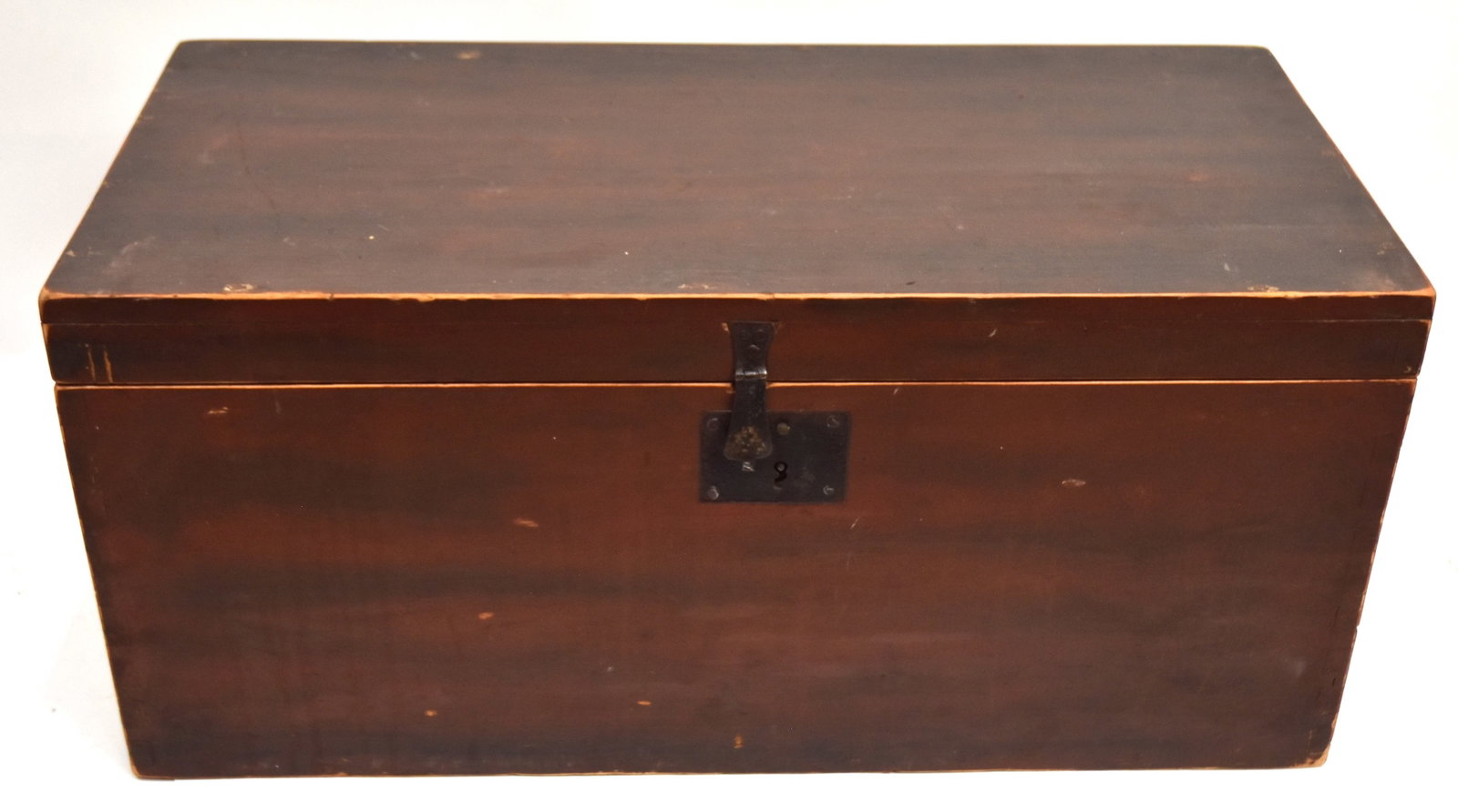 Early Dovetailed Storage Box with Old Paint: Circa 1835, with old red and black paint, lift lid with till inside, heart shaped, and iron handles. 13 1/2" H x 29 12" W x 14 1/2" D. Good condition.