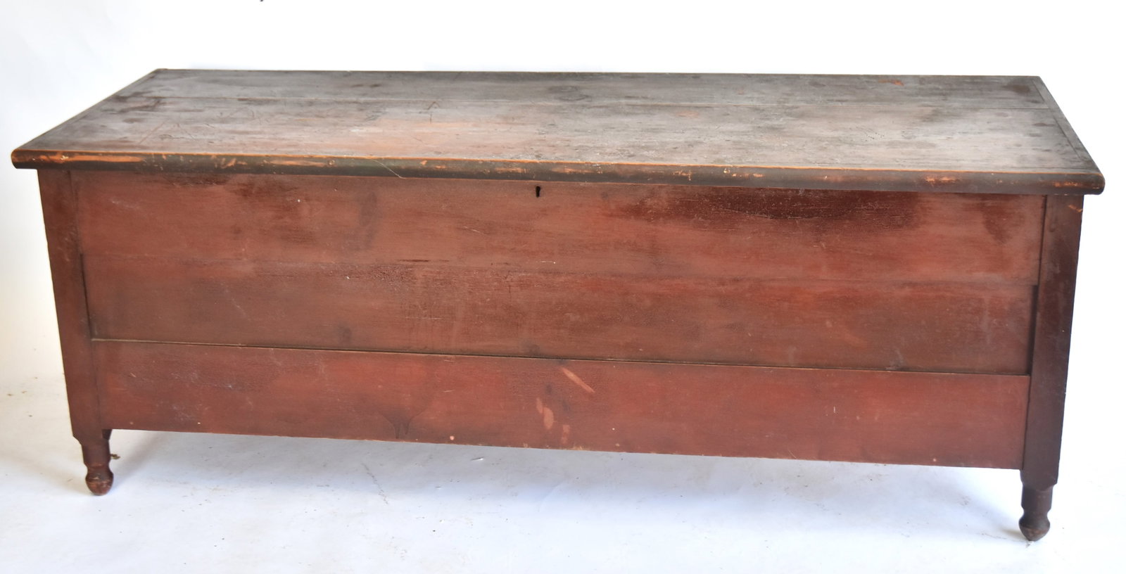 Signed Jonathan Shulds Blanket Chest: Circa 1840 blanket chest with lift lid and turned feet, all with a original old red varnish. 23 1/2" H x 61 1/2" W x 22 1/2" D. Good condition.