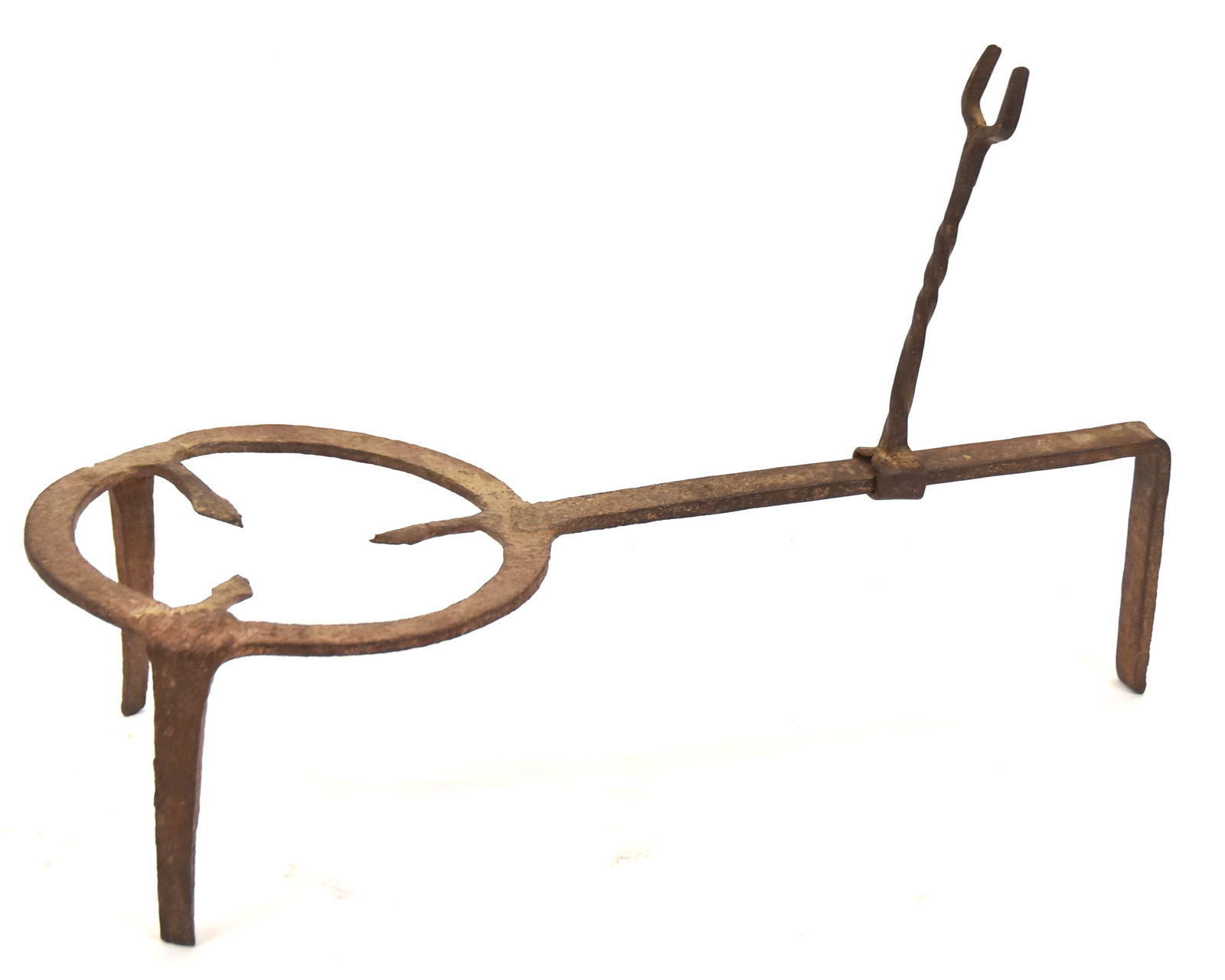 Early Iron Fireplace Trivet: Early 19th century. With adjustable pot arm holder. 12"H x 19"L x 8 1/4"W. Good condition.