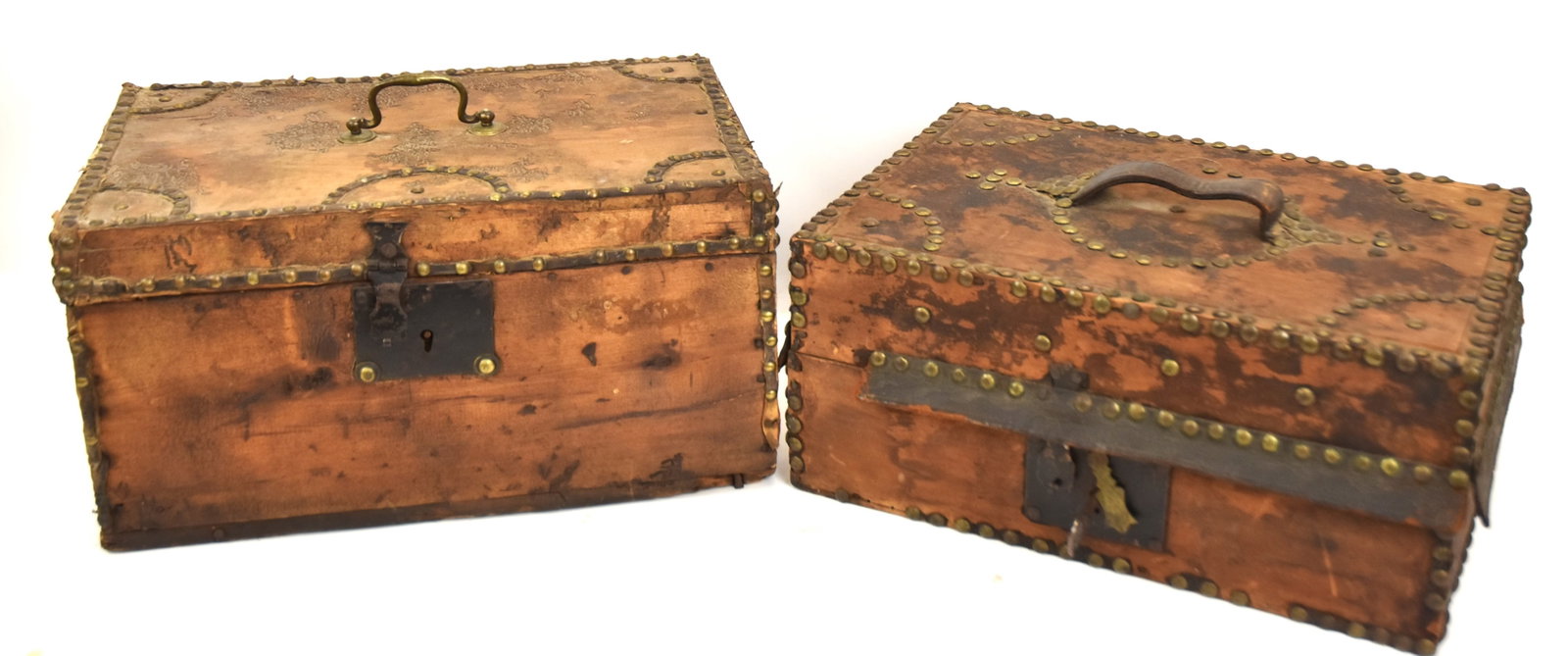Two Early Tacked Boxes: Fist with original latch and lock with compartment at top and compartments below. 6 3/4" x 15"W x 10 1/2"D. Fair condition. Second with tacked designs and iron lock & latch. 8"H x 16"W x 9 1/2" D. Fai