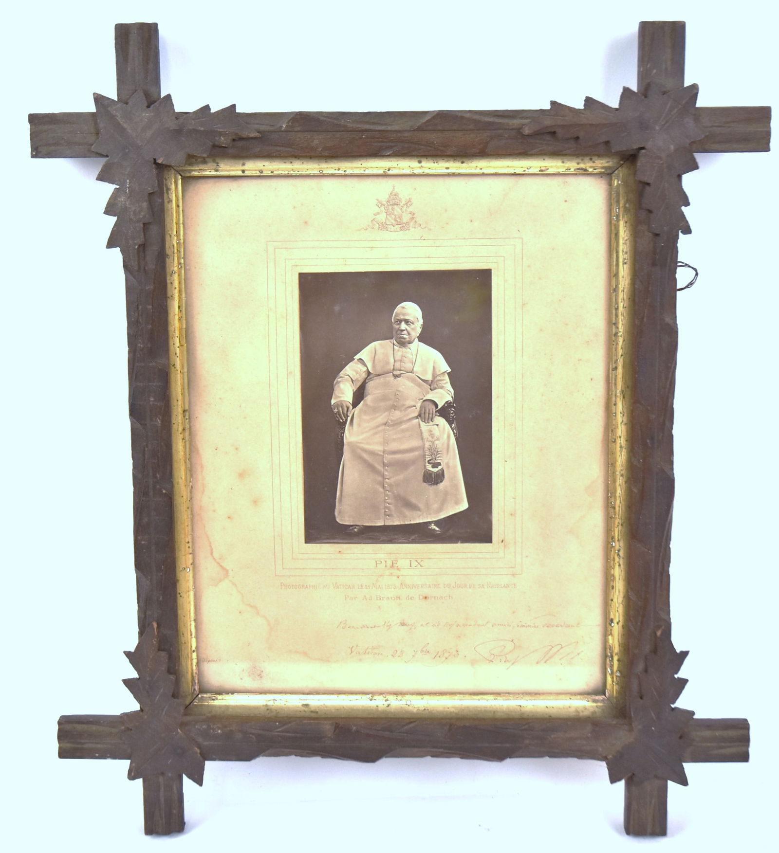 Autographed Photograph of Pipe Pius IX: Which reads, "Vatican, Feb. 28, 1875," and signature of Pope Pius. cabinet card 10" H x 8" W. Good condition.