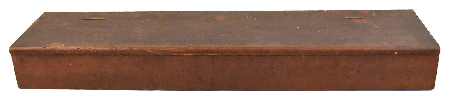 Early Dovetailed Counter Top Seed Box: Lift lid with four compartments inside, with overall old brown - reddish paint. 4 1/2" H x 36" W x 8" D. Good condition.