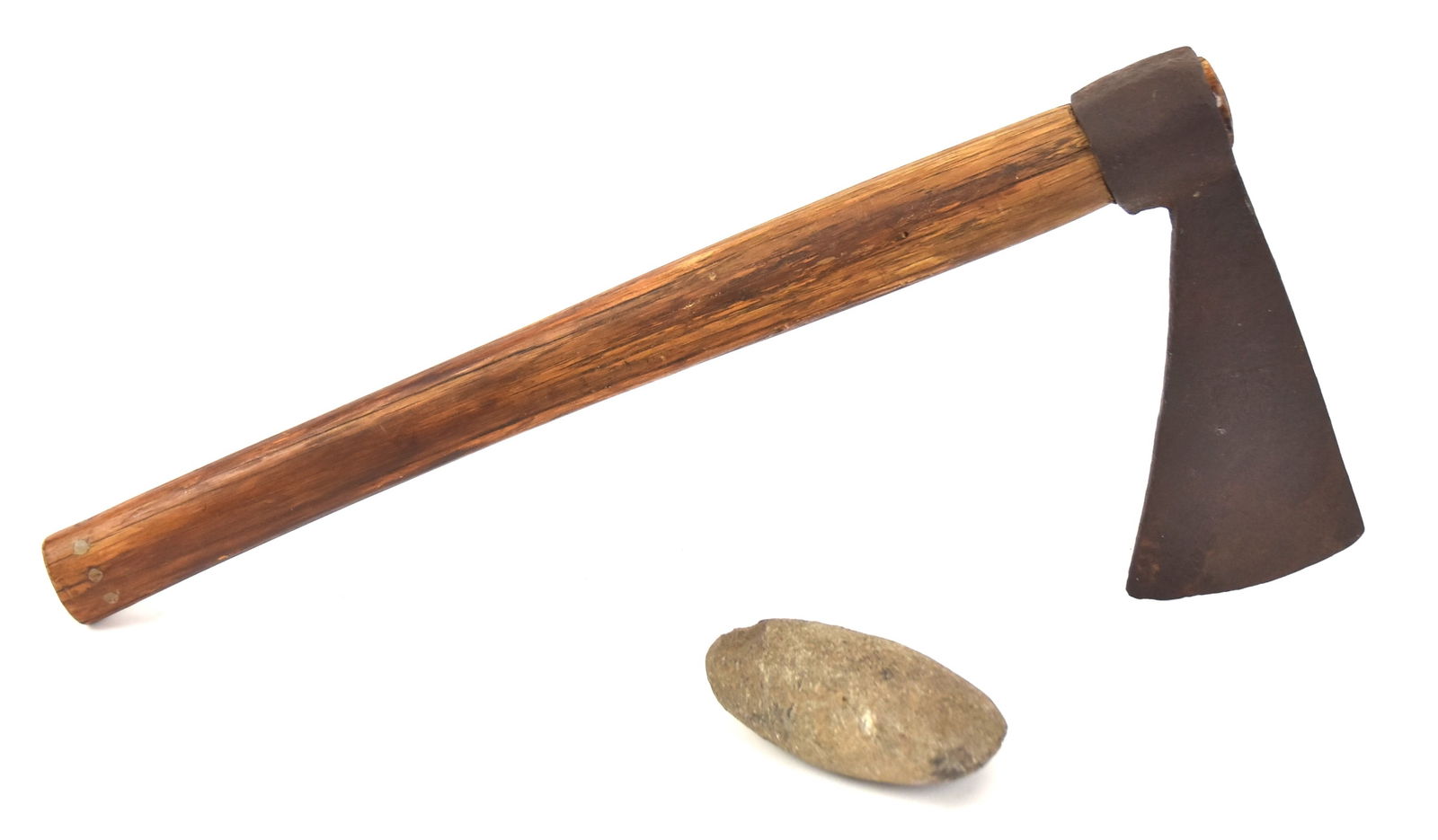 Wrought Iron Native American Trade Axe, Plus: Axe marked, "P.J.S. Pavis." 3 12" H x 7" W x 16" Long. Plus a boatstone 4". Both in good condtion.