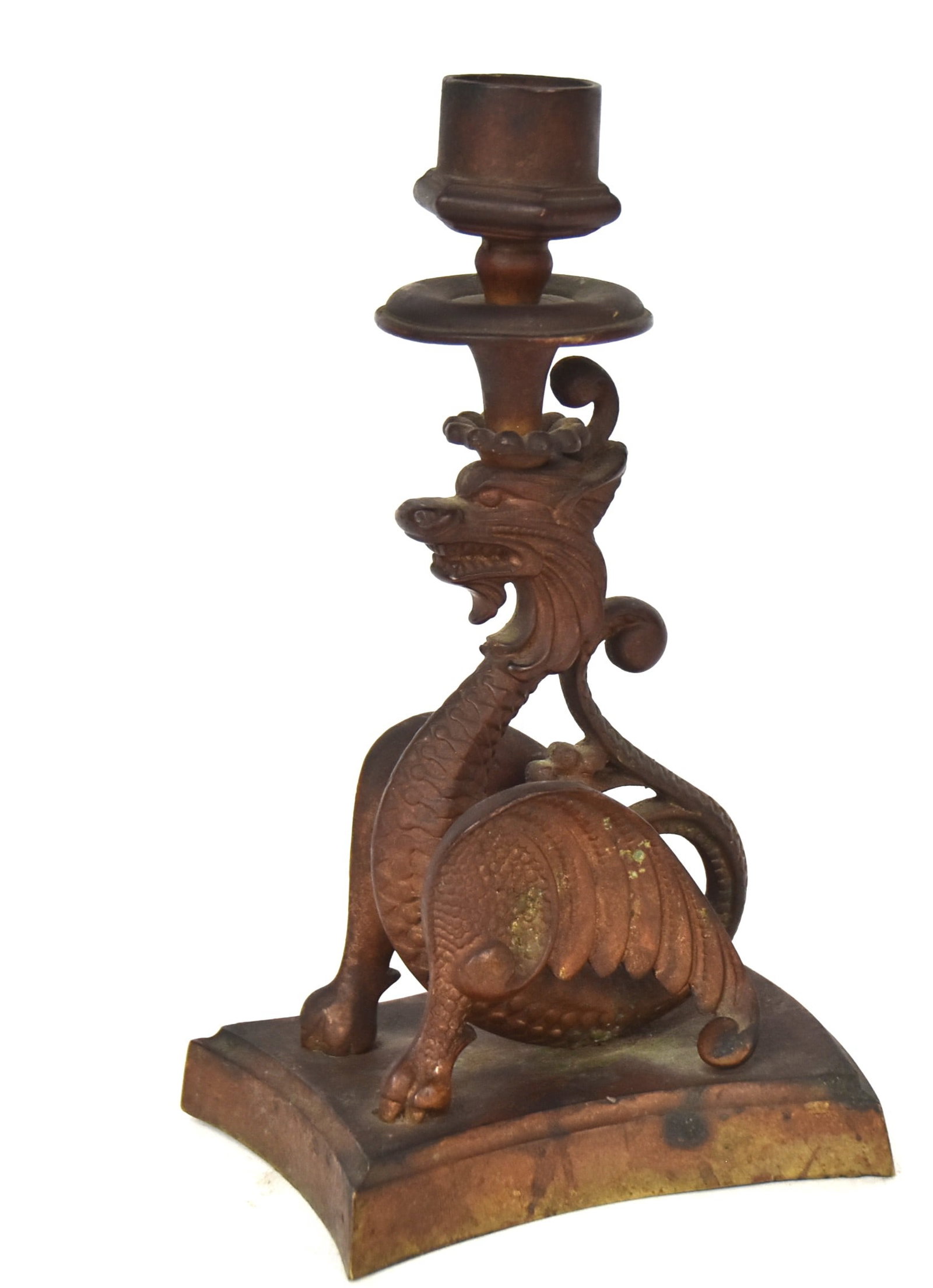 Bronzed Winged Dragon Candle Holder: 7 1/4"H. Nice old patina with some wear.