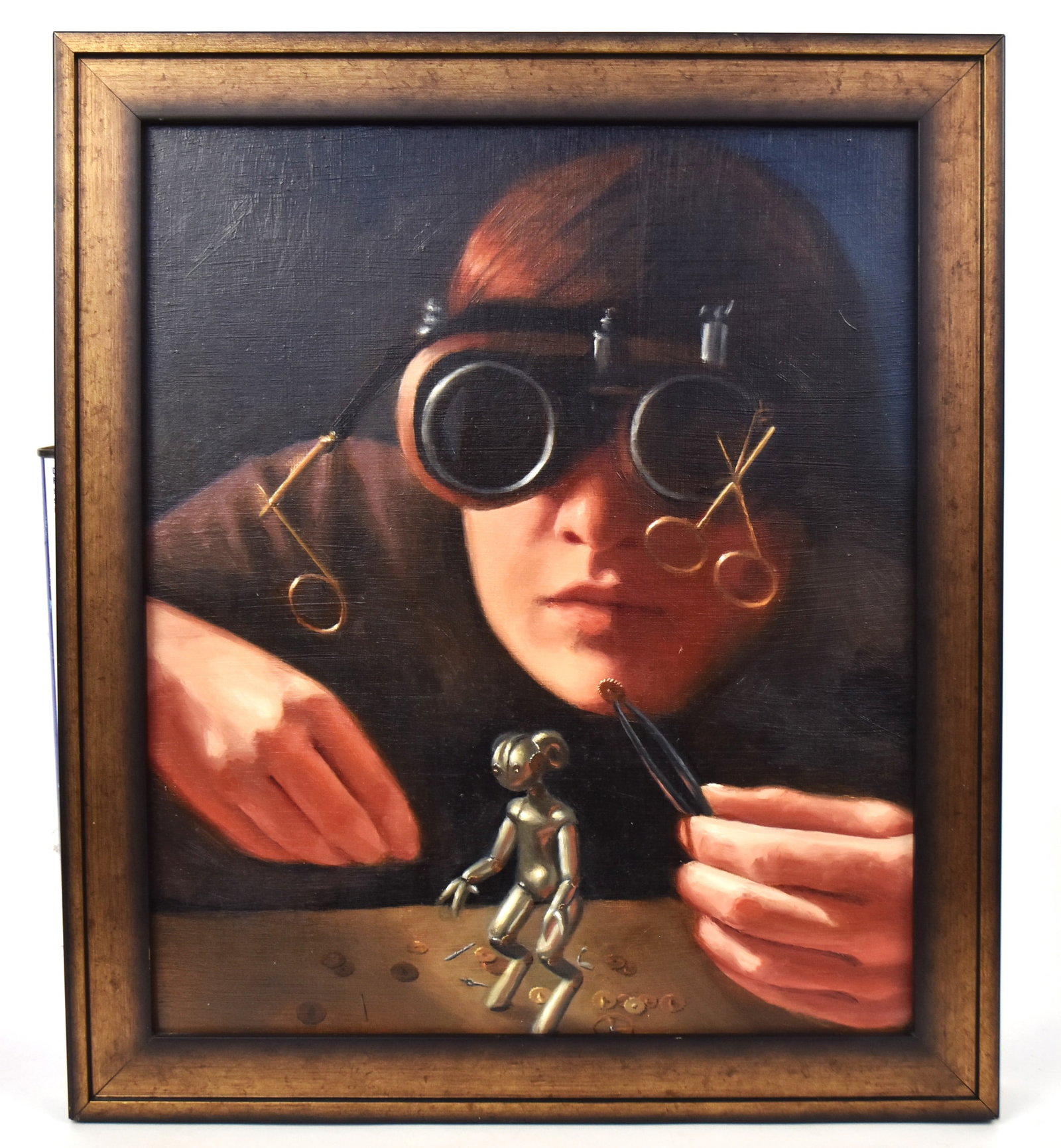 Science Fiction Cover Art Painting by Julia Glen: Oil on board painting. Titled "Toymaker" 2010. Sight 13 10 3/4". Frame 15 x13".