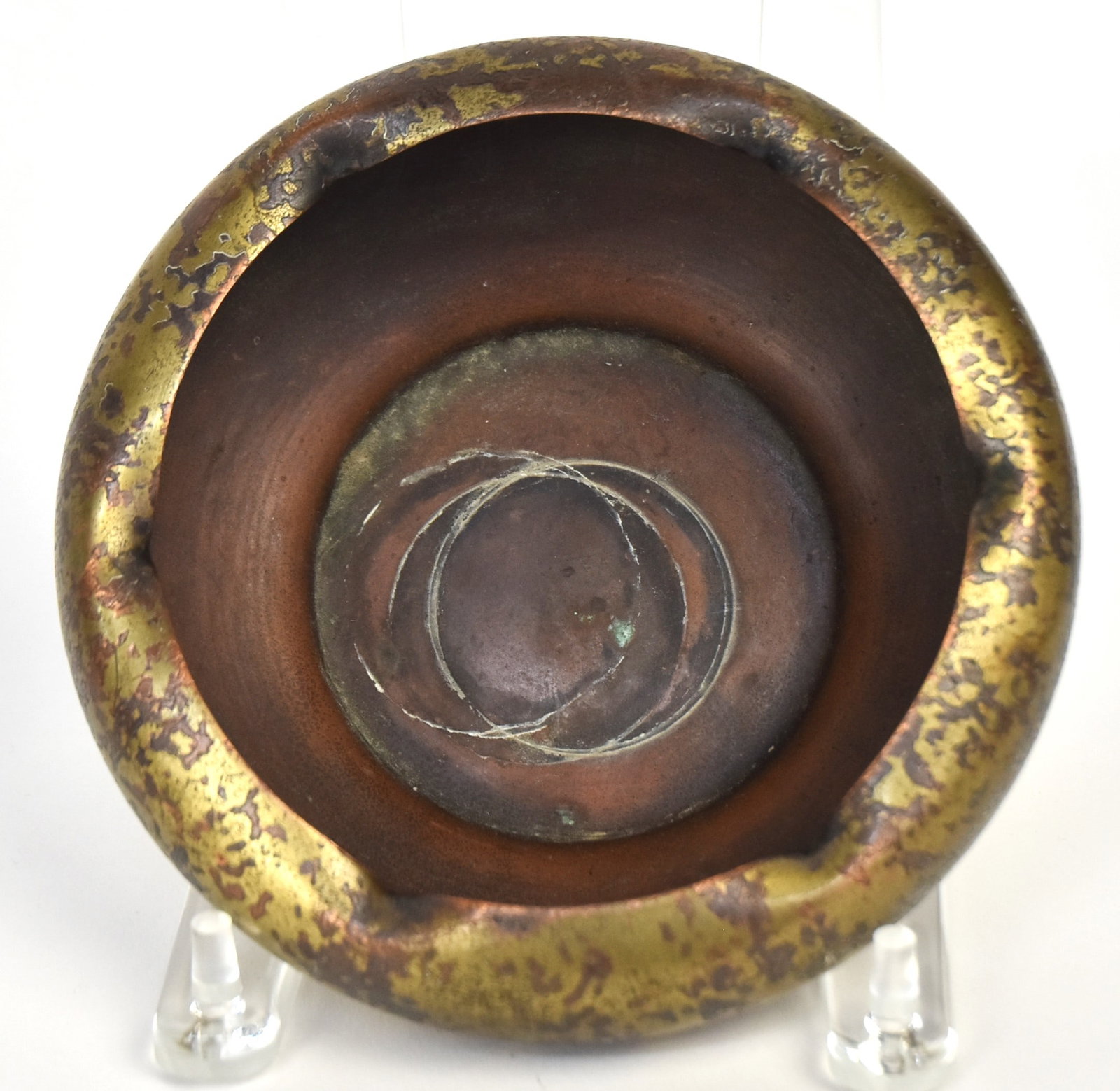 Signed Roycroft Brass Over Copper Bowl: Crimped edge. Stains to bottom otherwise good condition.. 6 1/2"W x 2 1/2"H.