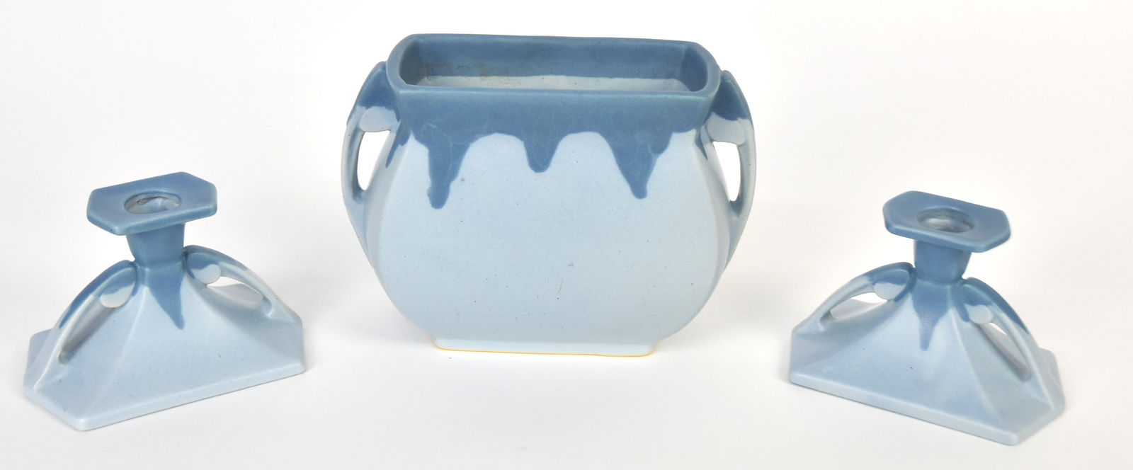 Roseville Carnelian I Console Set: Includes 5 1/4 x 7 vase., 3 1/4 x 5" Candlesticks. Good Cond.