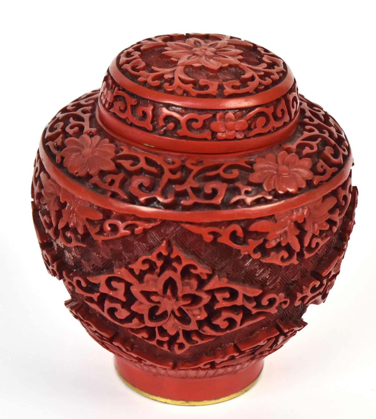 Chinese Red Cinnabar Covered Ginger Jar: Well carved on brass body. 5"L.