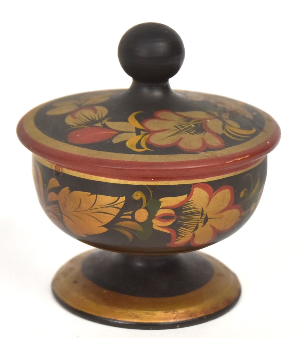 Early Decorated Wooden Covered Trinket Box: Nice decoration, has partial label on bottom. 4 " H.