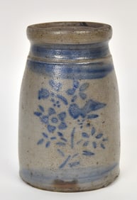 Blue Decorated Stenciled Stoneware Canning Jar